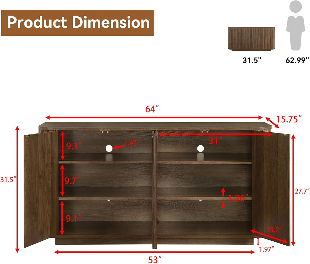 64" Sideboard Buffet Cabinet with Fluted Accent and Adjustable Shelves, Modern Wood Media Console Coffee Bar for Living Room, Kitchen or Dining Room, 64W x 31.5H Inches, Walnut
