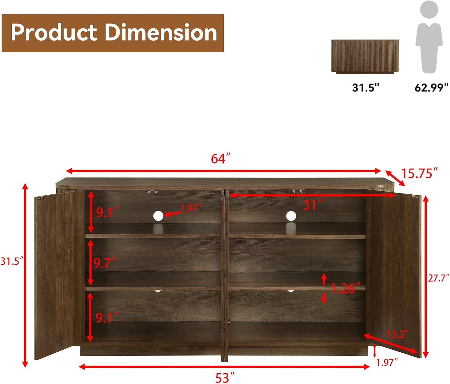 64" Sideboard Buffet Cabinet with Fluted Accent and Adjustable Shelves, Modern Wood Media Console Coffee Bar for Living Room, Kitchen or Dining Room, 64W x 31.5H Inches, Walnut