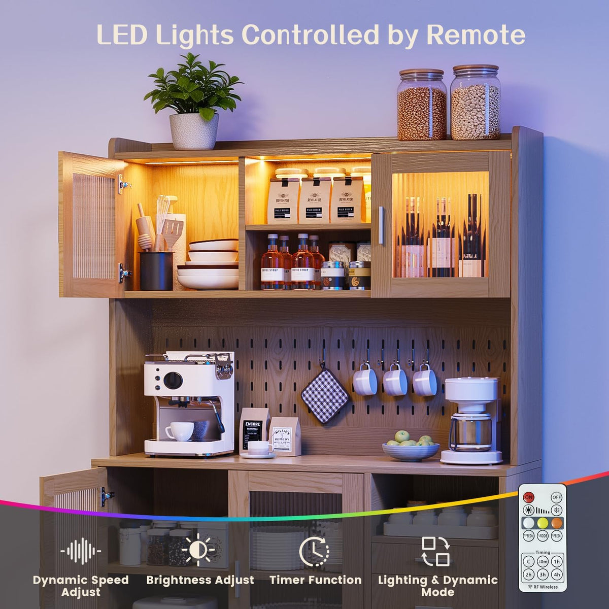 71" Tall Kitchen Pantry Cabinet with Remote LED Light & Charging Station, Farmhouse Freestanding Kitchen Storage Hutch with 3 Drawers, 6 Pegboard Hooks, Open Countertop and Shelves, Natural