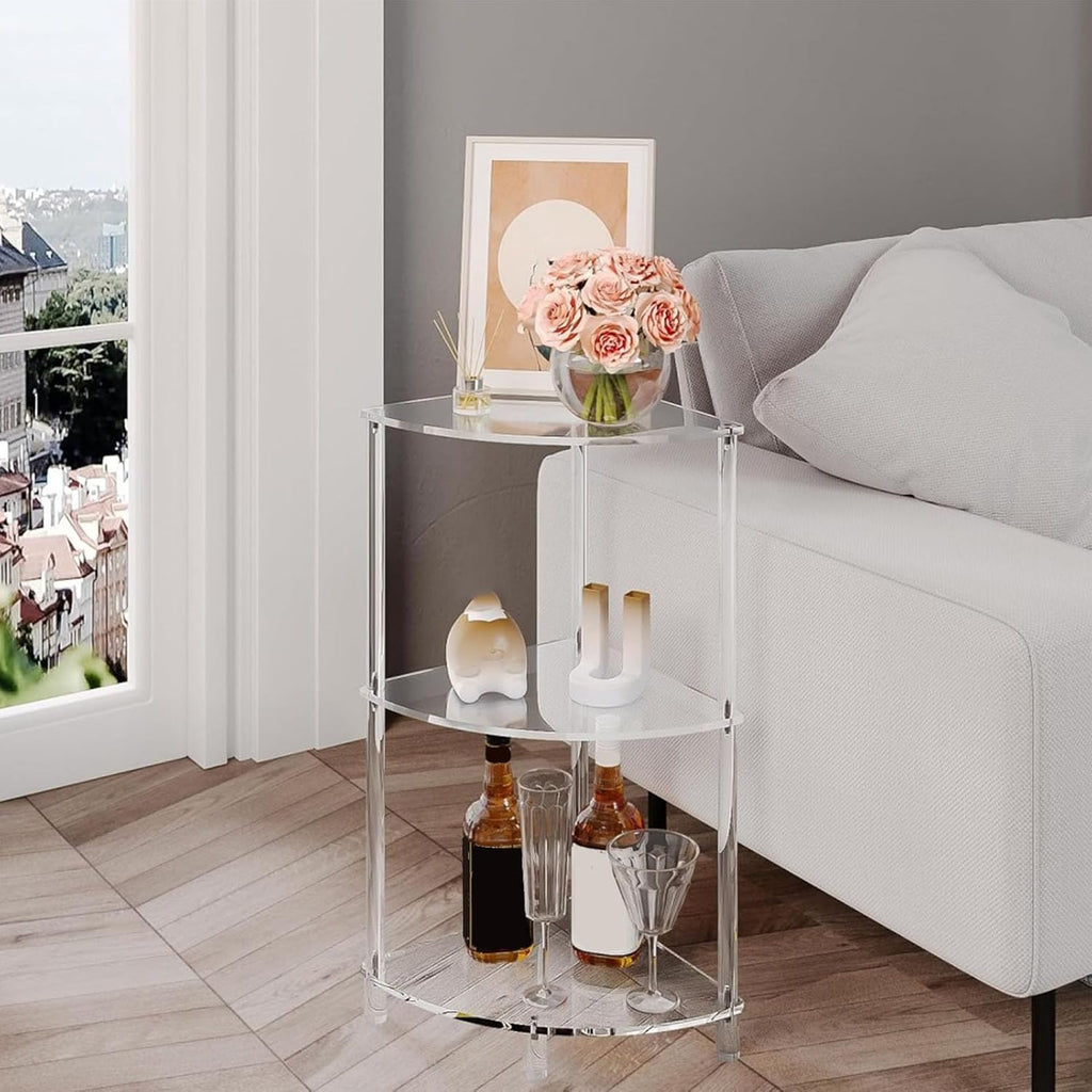 Corner Shelf, 3 Tier Acrylic Corner Side Table, 25.6 inch Standing Triangle End Table, Modern Home Display and Storage Shelf, Small Bedside Tables for Bedroom, Living Room,