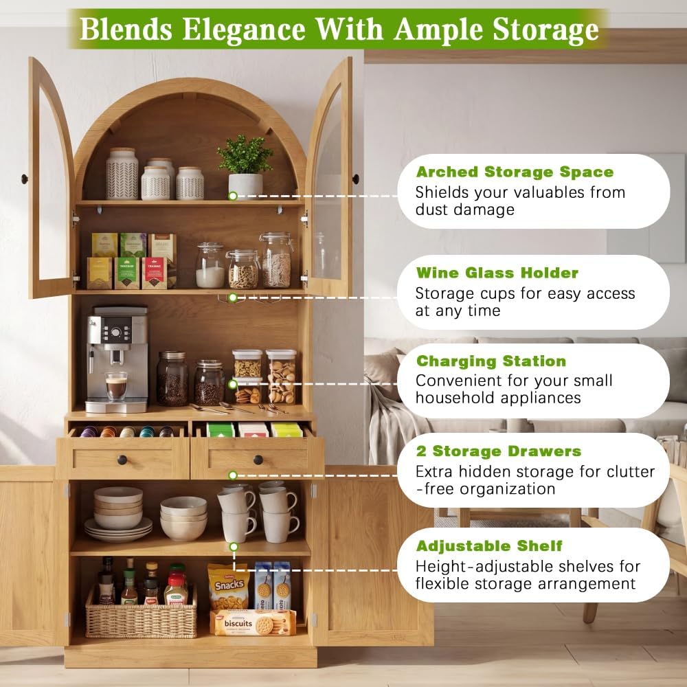 75" Farmhouse Tall Arched Pantry Cabinet with Charging Station, Adjustable Shelves, Coffee Bar Open Countertop, Oak (Oak + MDF)