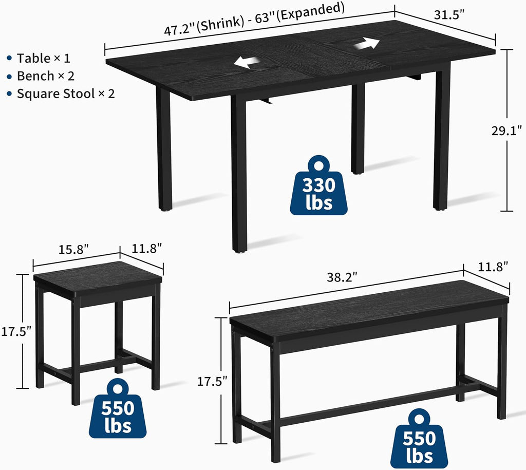 IDEALHOUSE 5-Piece Extendable Dining Table Set for 6-8 People, 63 Inch Kitchen Table with 2 Benches & 2 Stools, Space Saving Modern Dining Room Furniture, Black