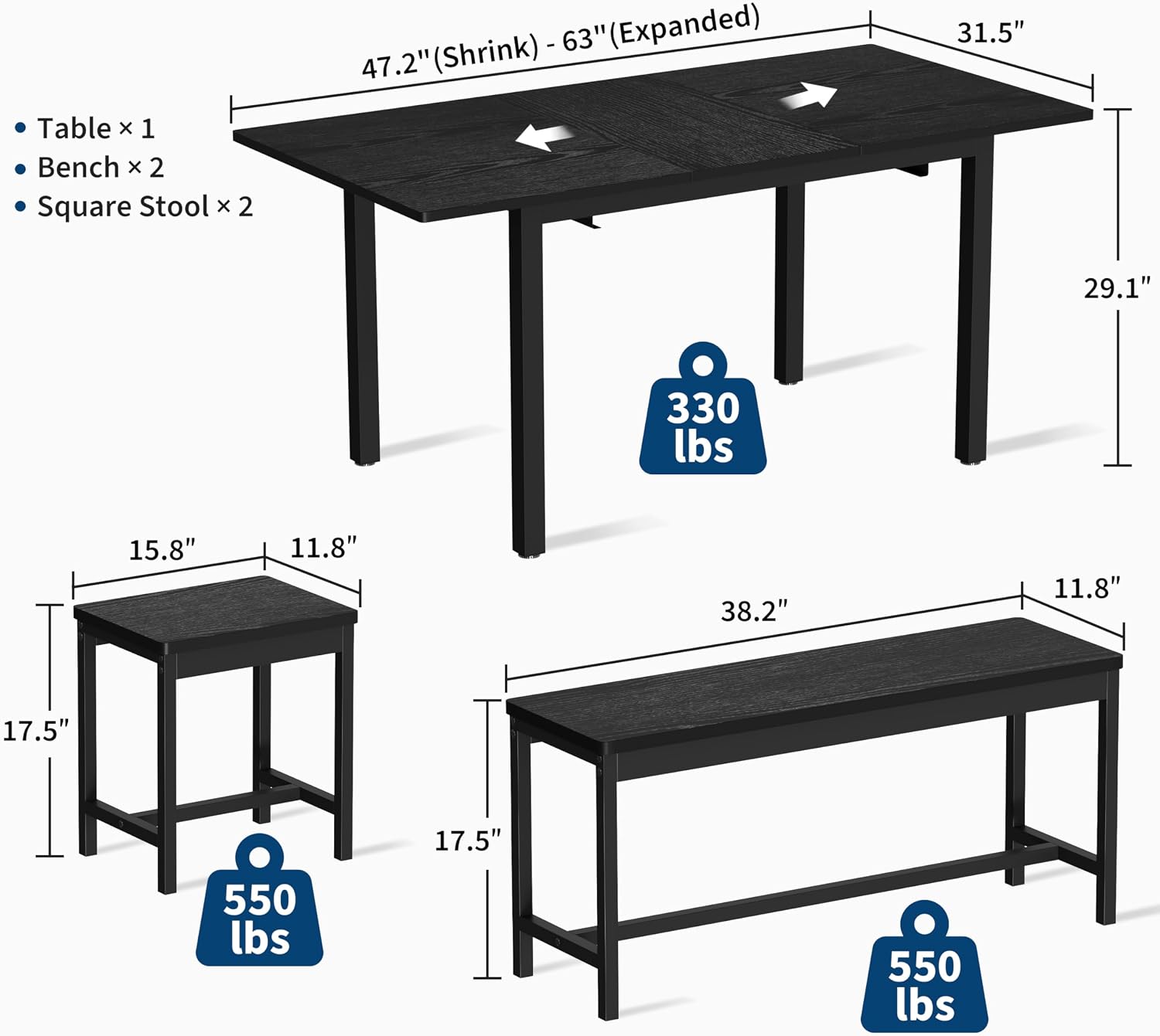IDEALHOUSE 5-Piece Extendable Dining Table Set for 6-8 People, 63 Inch Kitchen Table with 2 Benches & 2 Stools, Space Saving Modern Dining Room Furniture, Black