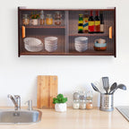 Xuthusman 2 Tier Small Kitchen Pantry Cabinet,30.3in Bamboo Sideboard with Glass Doors Cupboard Food Pantry Cabinet Adjustable Shelves Countertop Storage for Kitchen Dining Room (Walnut)
