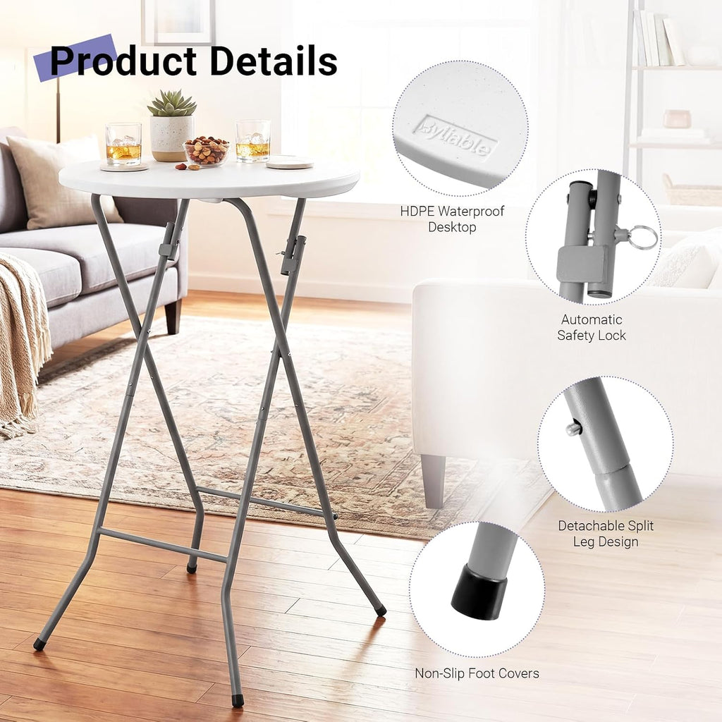 Byliable 24in Round Folding Cocktail Table, Plastic Bar Height Table, White | Portable Foldable Design with Removable Legs, Two Folding Methods, HDPE Tabletop, Indoor Outdoor for Parties, Patio, Events