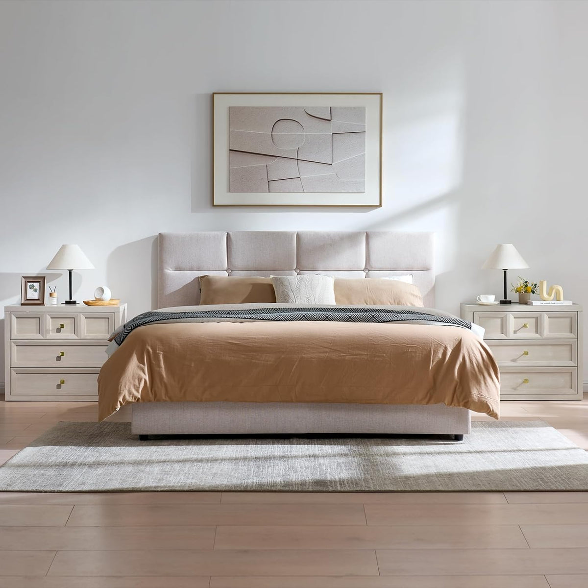 Nightstand Set of 2 W/Charging Station, 30.7" W King Size Bedside Table with 3 Drawers, Accent End Table W/Large Storage, Modern Wood Side Table for Bedroom,Office, Beige