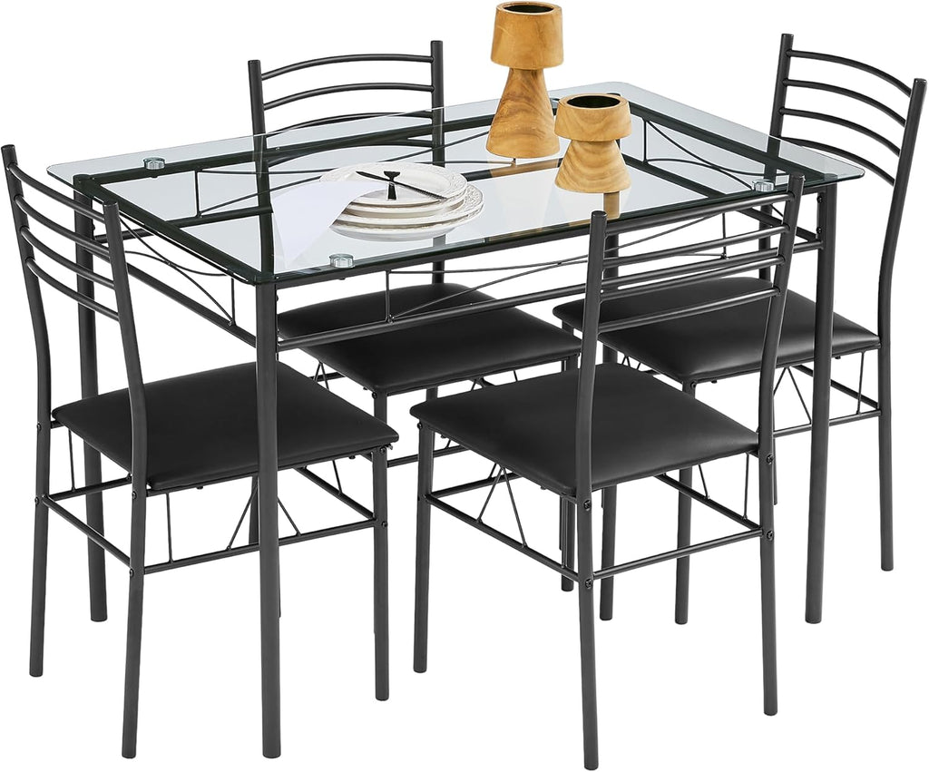 VECELO Dining Table Set for 4, 5-Piece Glass Kitchen Table with Upholstered Padded Chairs for Small Space, Breakfast Nook, Space-Saving, Black