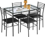 VECELO Dining Table Set for 4, 5-Piece Glass Kitchen Table with Upholstered Padded Chairs for Small Space, Breakfast Nook, Space-Saving, Black