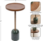 Kate and Laurel Shorrock Round Mango Wood Side Table, 12 x 12 x 24, Walnut Brown, Brass, and Green Marble, Modern Pedestal End Table with Marble Base for Bedroom Nightstand or Living Room Plant Stand