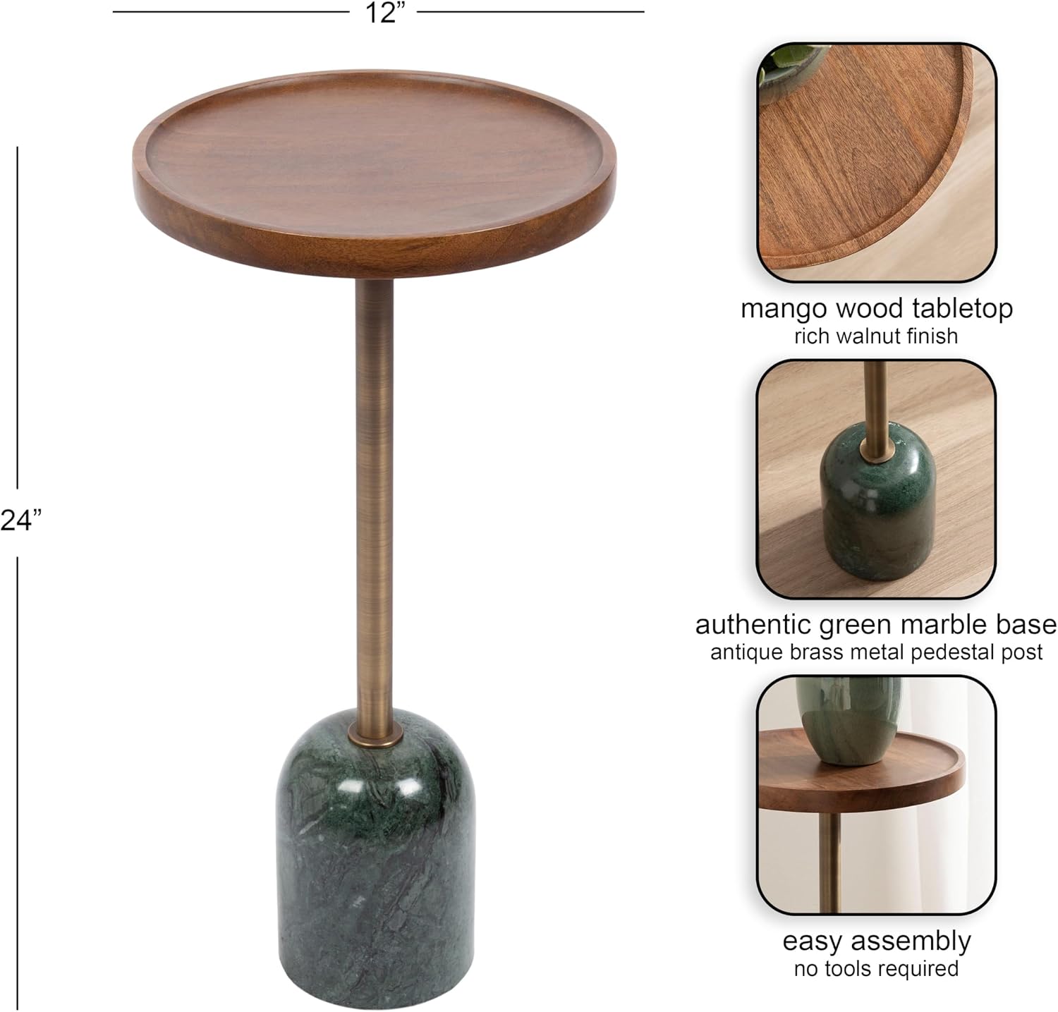 Kate and Laurel Shorrock Round Mango Wood Side Table, 12 x 12 x 24, Walnut Brown, Brass, and Green Marble, Modern Pedestal End Table with Marble Base for Bedroom Nightstand or Living Room Plant Stand