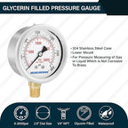 MEASUREMAN 2-1/2" dial,Glycerin Filled, Stainless Steel case, Brass Inside, 0-3000psi/kpa,1/4" NPT Lower Mount