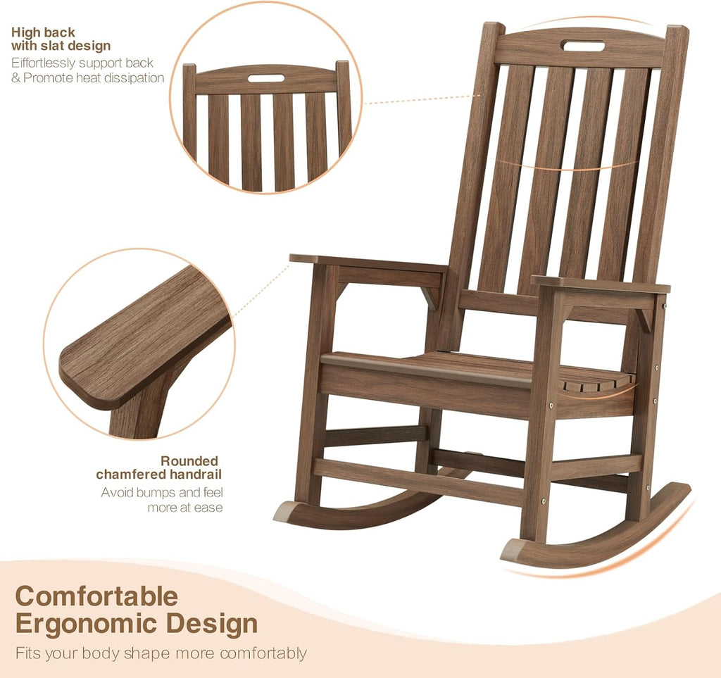 Psilvam Oversized Outdoor Rocking Chair, HDPE Porch Rocker (Dark Brown) | High Back Rocking Chairs for Adult, 350lbs Weight Capacity, All-Weather Patio Rocker for Garden Balcony