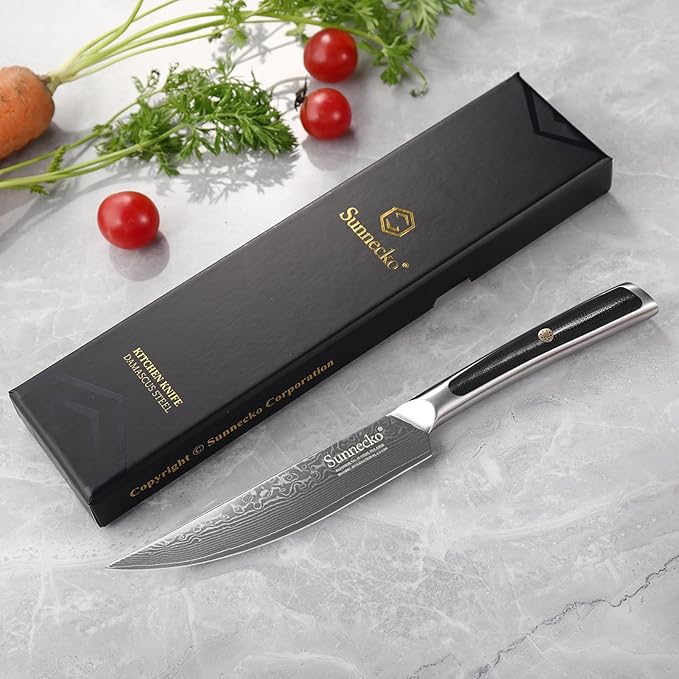 Sunnecko Kitchen Steak Knife 5 Inch Damascus Steak Knife VG-10 Japanese Steel, Non Serrated Steak Knives Full Tang