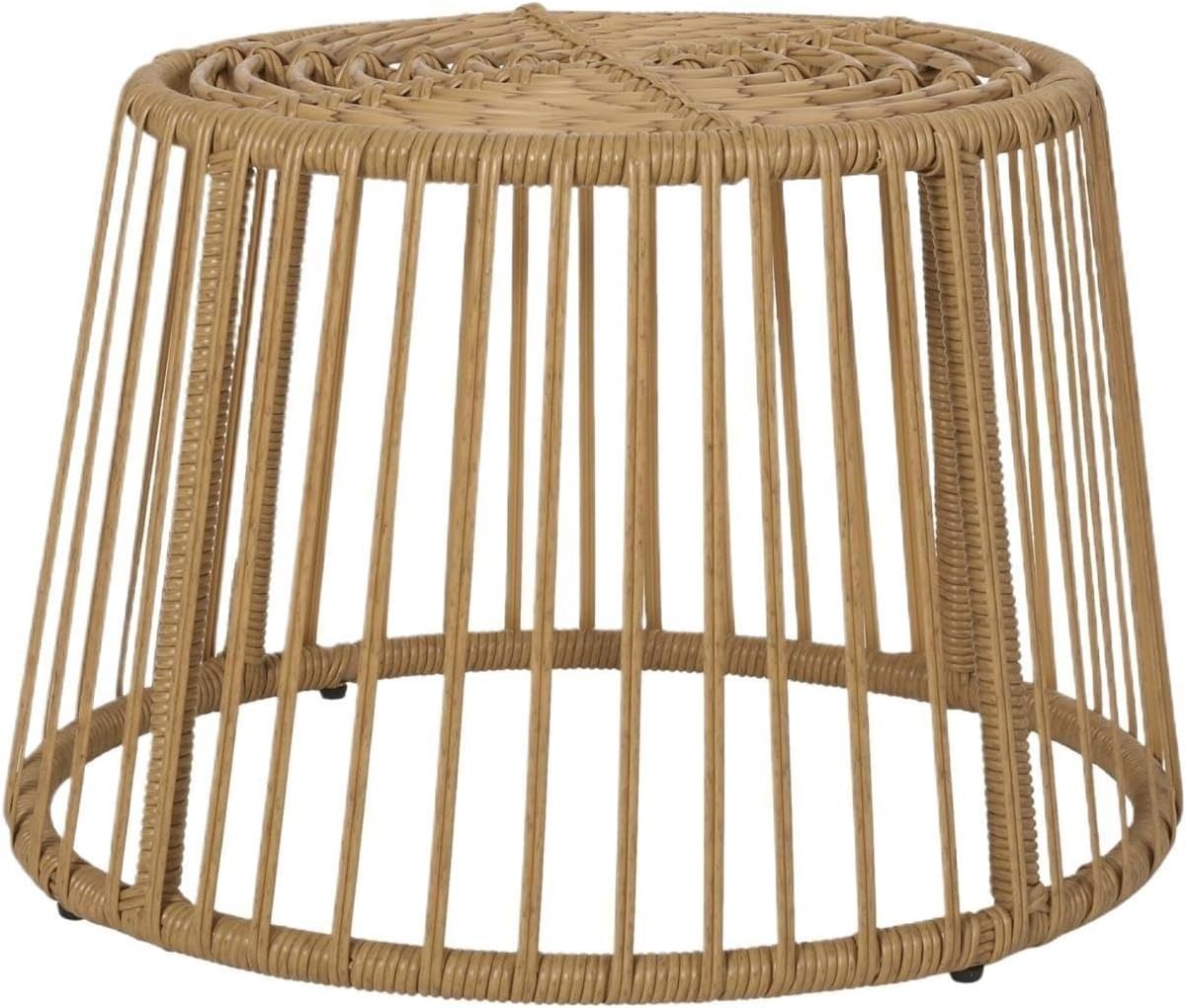 Boho Style Polyethylene Rattan Side Table, Cage Frame Structure with Tightly Wrapped Handcrafted Wicker