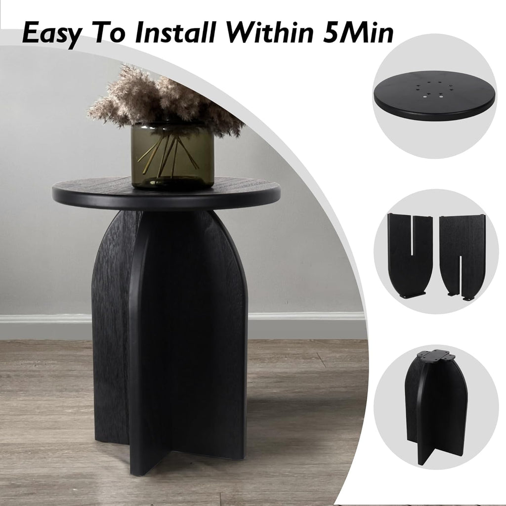 Oakrain End Table with Pedestal, Wood Side Table Bedside Sofa Couch, Modern Nightstand for Bedroom, Small Round Coffee Table for Living Room Office Balcony, Black