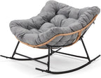Outdoor Rocking Chair with Thick Cushion, Comfy Rattan Rocker Egg Chair Indoor with Straps, Patio Rocking Chair 450lbs for Garden, Balcony, Lawn, Backyard, Living Room, Bedroom