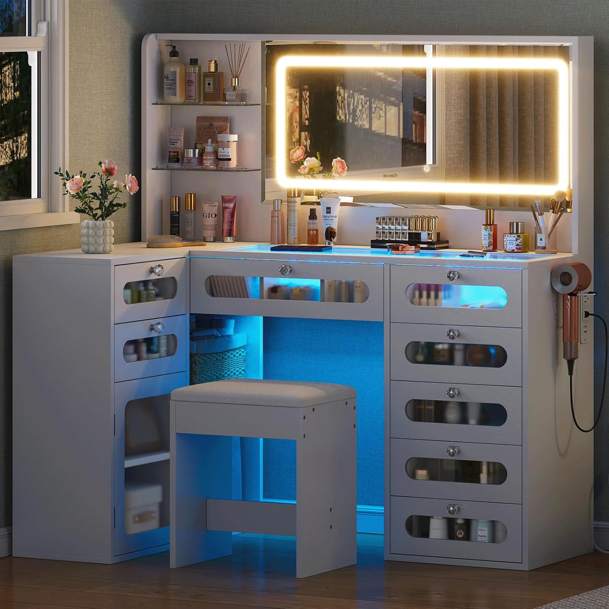 Makeup Vanity for Women with Mirror and Lights, 8 Drawers Big Modern Vanity , Transparent Top Vanity Desk with 2 RGB Drawers, with Power Outlet & Stool, Modern Ample Storage Dressing Table, White