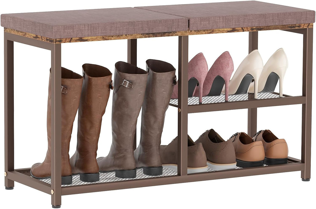Shoe Rack Bench for Entryway 3-Tier, Free Standing Shoe Racks with Seat Cushion, Narrow Shoe Storage Shelf with Boot Organizer, Shoe Rack for Small Spacesh with Wood Bench (Brown+Brown)