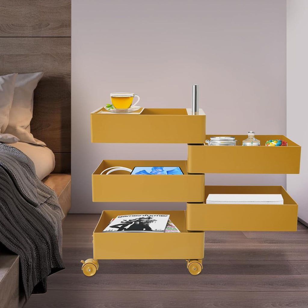 360° Rotating Sofa Side Storage Cabinet, 5-Tier Mobile Sofa Side Table End Tables ABS Storage Small Coffee Table with 4 Wheels for Living Room Bedroom Sofa Dormitory (White)