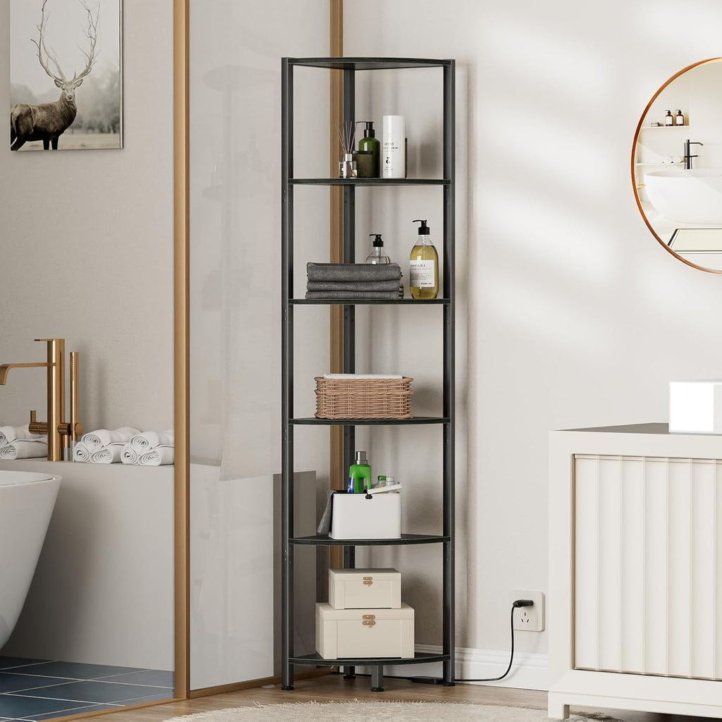 Furnulem 6 Tier Corner Shelf with LED Light, 67.5" Black Narrow Bookshelf | Tall Standing Shelf Organizer, Storage Rack for Wall Corner, Living Room, Bedroom, Metal Frame, Wood Display Shelf