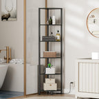 Furnulem 6 Tier Corner Shelf with LED Light, 67.5" Black Narrow Bookshelf | Tall Standing Shelf Organizer, Storage Rack for Wall Corner, Living Room, Bedroom, Metal Frame, Wood Display Shelf