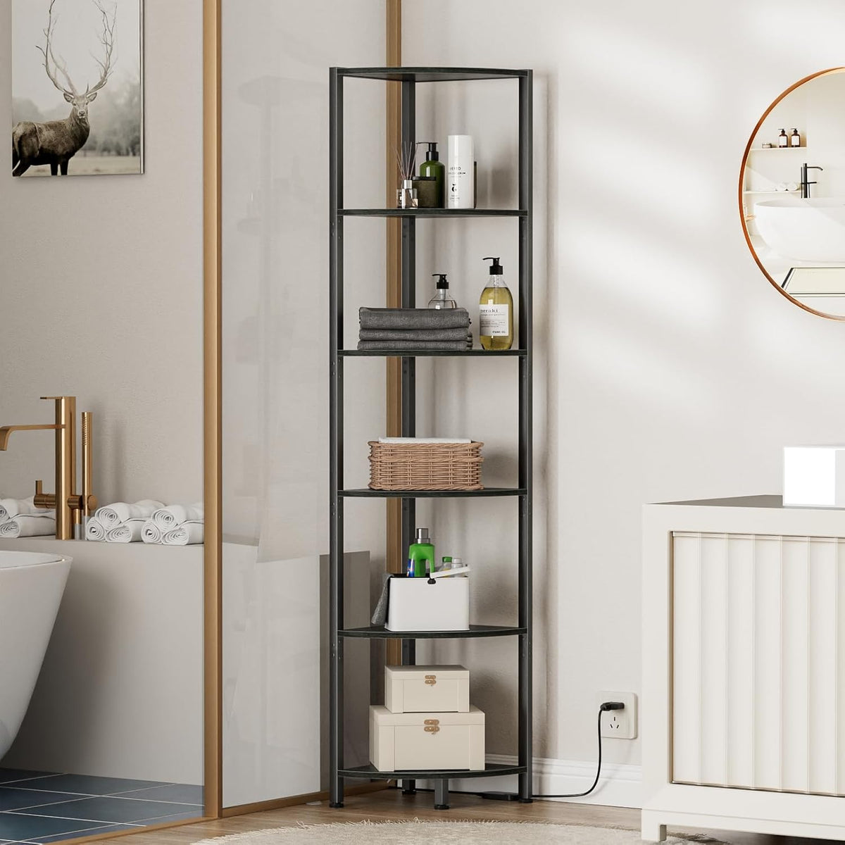 Furnulem 6 Tier Corner Shelf with LED Light, 67.5" Black Narrow Bookshelf | Tall Standing Shelf Organizer, Storage Rack for Wall Corner, Living Room, Bedroom, Metal Frame, Wood Display Shelf