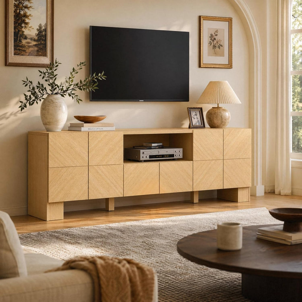 ModernMate Living Room Table Sets of 3, 70" Modern TV Stand & 2 Nightstands with Drawer, Wood Living Room Set with Charging Station & USB Ports, Chevron Pattern Design, Thick Legs, Natural Oak