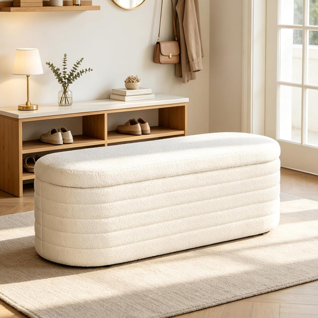 Ottoman with Storage 45.5" Storage Ottoman Bench White | Teddy Upholstered Entryway Bench Hidden Storage, No Assembly, Cozy, for Living Room, Bedroom, Apartment