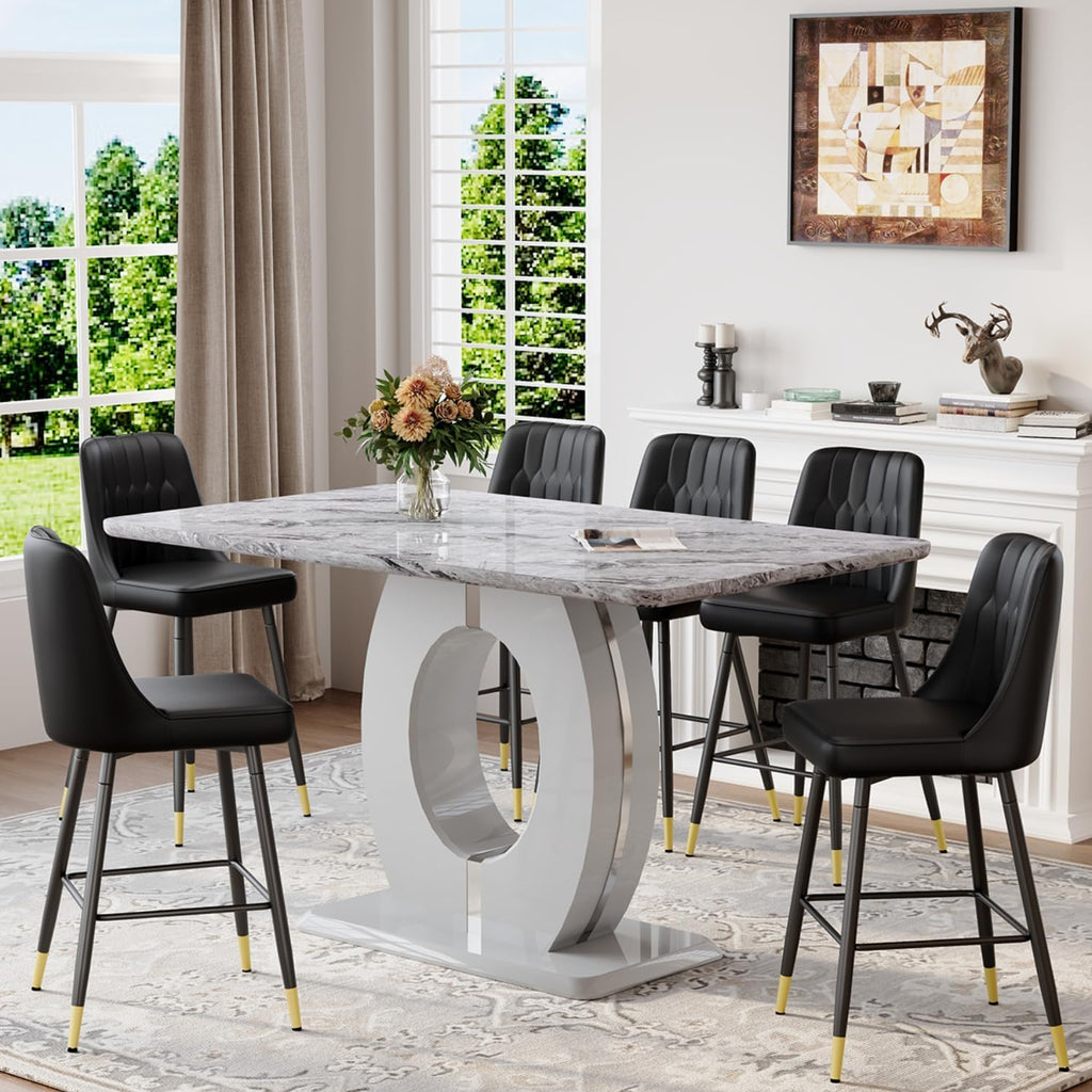 63'' Marble Dining Table Set for 6,Modern Counter Height Dining Table Set,Grey High Top Table with Leather Bar Stools,Bar Height Table Set Ideal for Dining,Pub,Kitchen