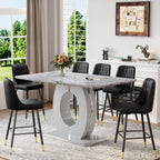 63'' Marble Dining Table Set for 6,Modern Counter Height Dining Table Set,Grey High Top Table with Leather Bar Stools,Bar Height Table Set Ideal for Dining,Pub,Kitchen