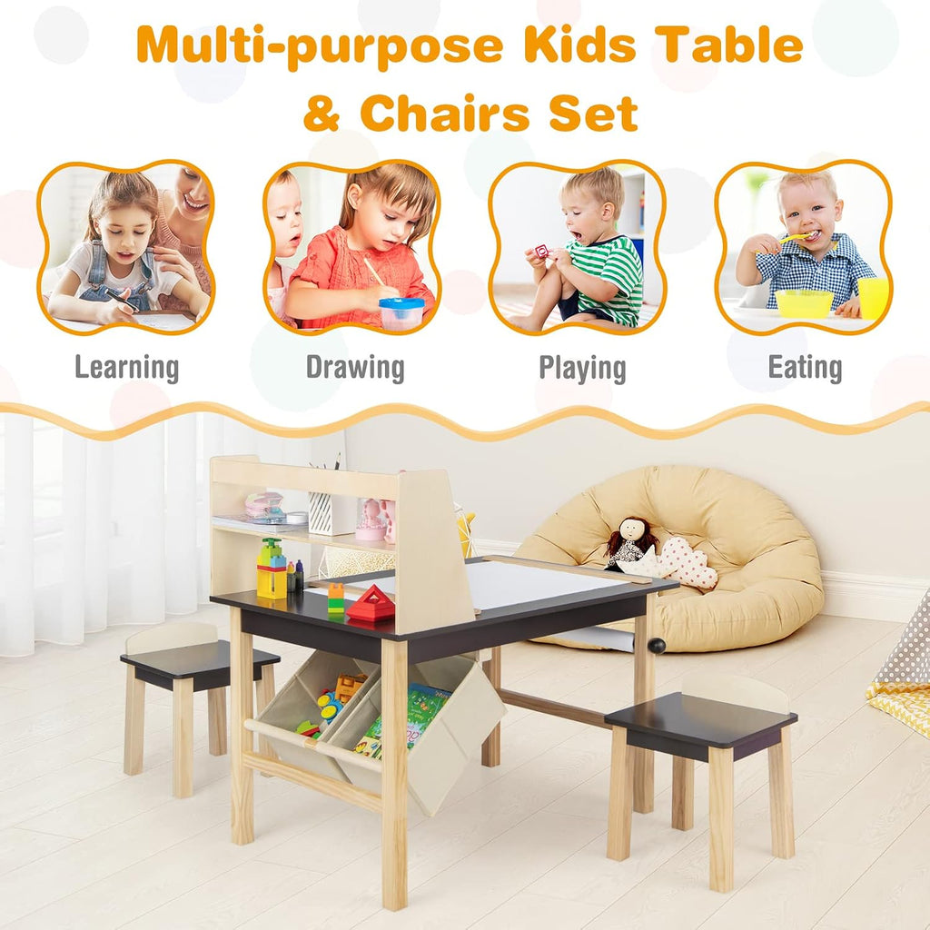 Costzon Kids Art Table and Chair Set, Wooden Activity Table and 2 Stools w/a Paper Roll, 2 Markers, 2 Storage Bins for 3+ Years Old Boys Girls Drawing Painting Craft, Toddler Table and Chairs (Brown)