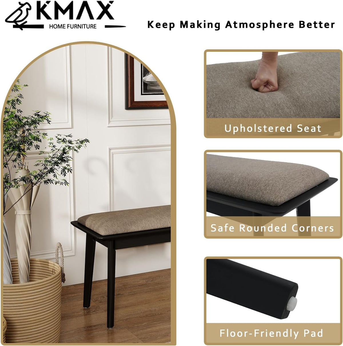 Kmax Entryway Bench, 46" Dining Bench with Wood Leg Rustic Upholstered Window Bench for Entrance Dining Room Living Room - Chenille Grey, Black Legs