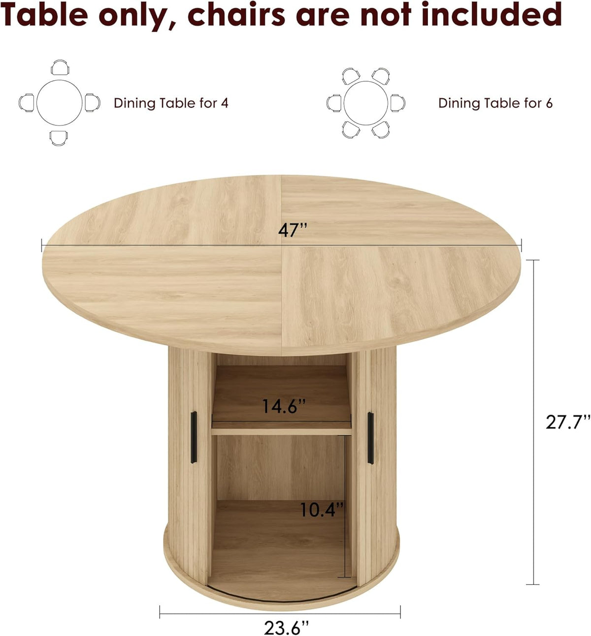 IDEALHOUSE 47 Inch Round Dining Table for 4, Natural Oak | Farmhouse Kitchen Table, 2-Layer Storage Shelf, Wood Slide Door, Space Saving