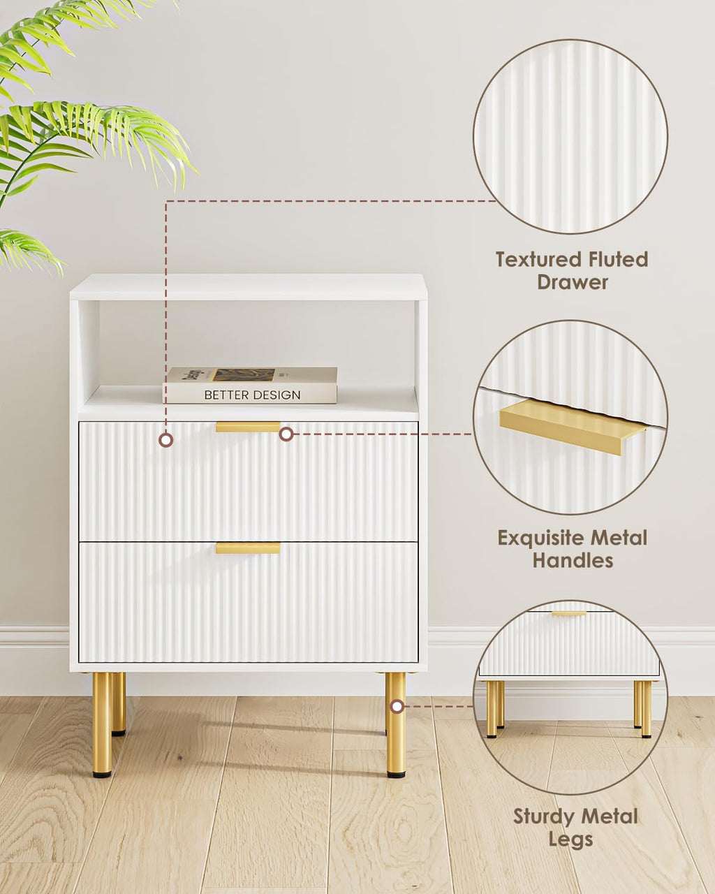 Night Stand,25.7" H Bedside Table with 2-Drawer Shelf,Morden Nightstand with Gold Frame,Fluted Side Table with Gold Frame,End Table for Bedroom,Living Room