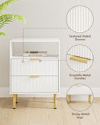 Night Stand,25.7" H Bedside Table with 2-Drawer Shelf,Morden Nightstand with Gold Frame,Fluted Side Table with Gold Frame,End Table for Bedroom,Living Room
