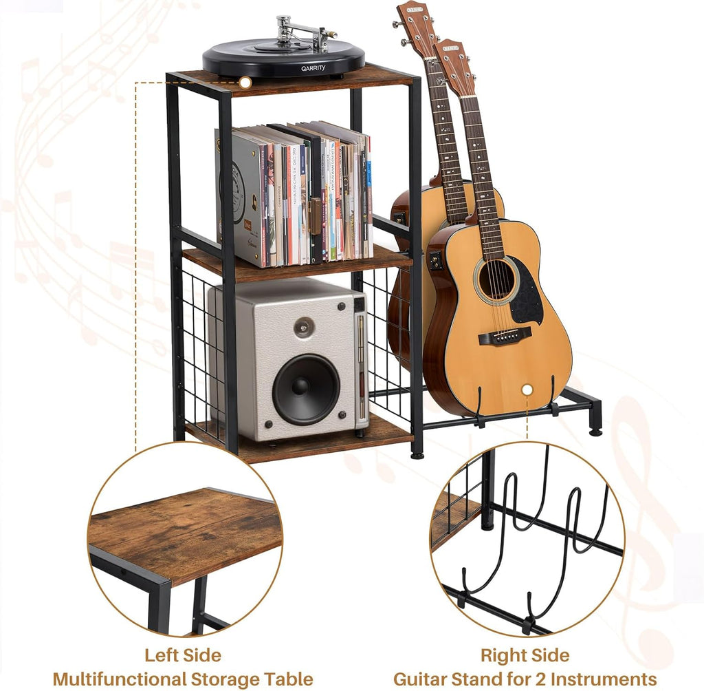 FurnitureR Multifunctional End Table with Guitar Stand, Industrial Style 3-Tier Music Equipment Rack with Wooden Board & Metal Frame, Guitar Stand with Storage Shelves, Holds 2 Guitars, Brown