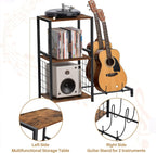 FurnitureR Multifunctional End Table with Guitar Stand, Industrial Style 3-Tier Music Equipment Rack with Wooden Board & Metal Frame, Guitar Stand with Storage Shelves, Holds 2 Guitars, Brown