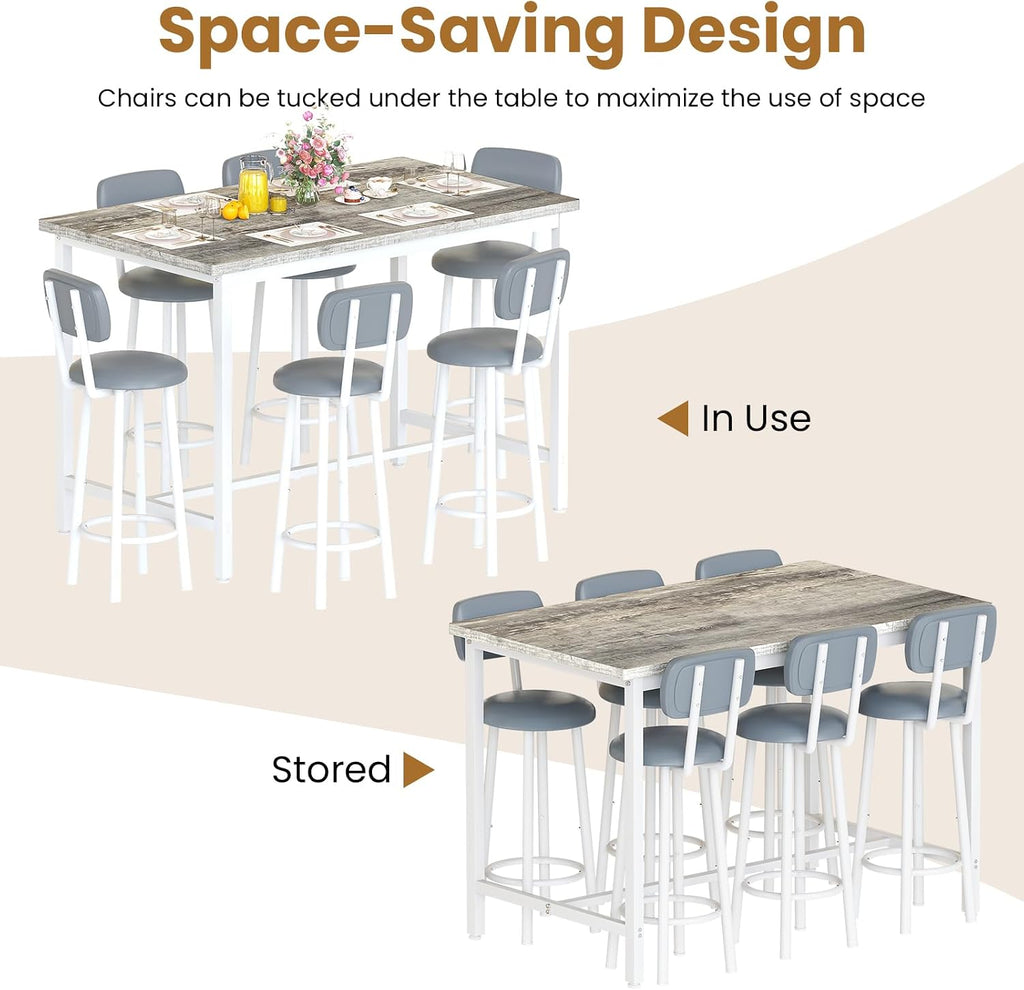 Recaceik 50" Dining Table Set for 6, 7-Piece Counter Height Bar Table Set with Upholstered Stools, Space-Saving Modern Pub Set for Kitchen, Breakfast Nook & Home Bar, Grey