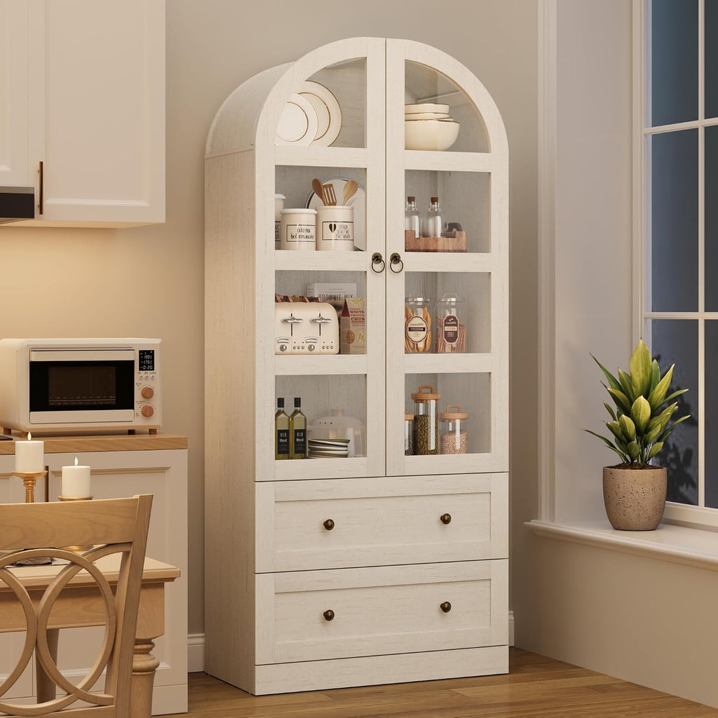 72" Tall Arched Kitchen Pantry Cabinet,Wood Arched Bookshelf with 2 Doors, 2 Drawers, Adjustable Shelves,Versatile Sideboard Buffet for Dining & Living Room,White