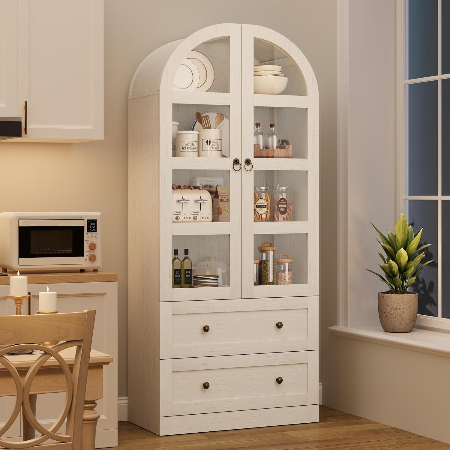 72" Tall Arched Kitchen Pantry Cabinet,Wood Arched Bookshelf with 2 Doors, 2 Drawers, Adjustable Shelves,Versatile Sideboard Buffet for Dining & Living Room,White