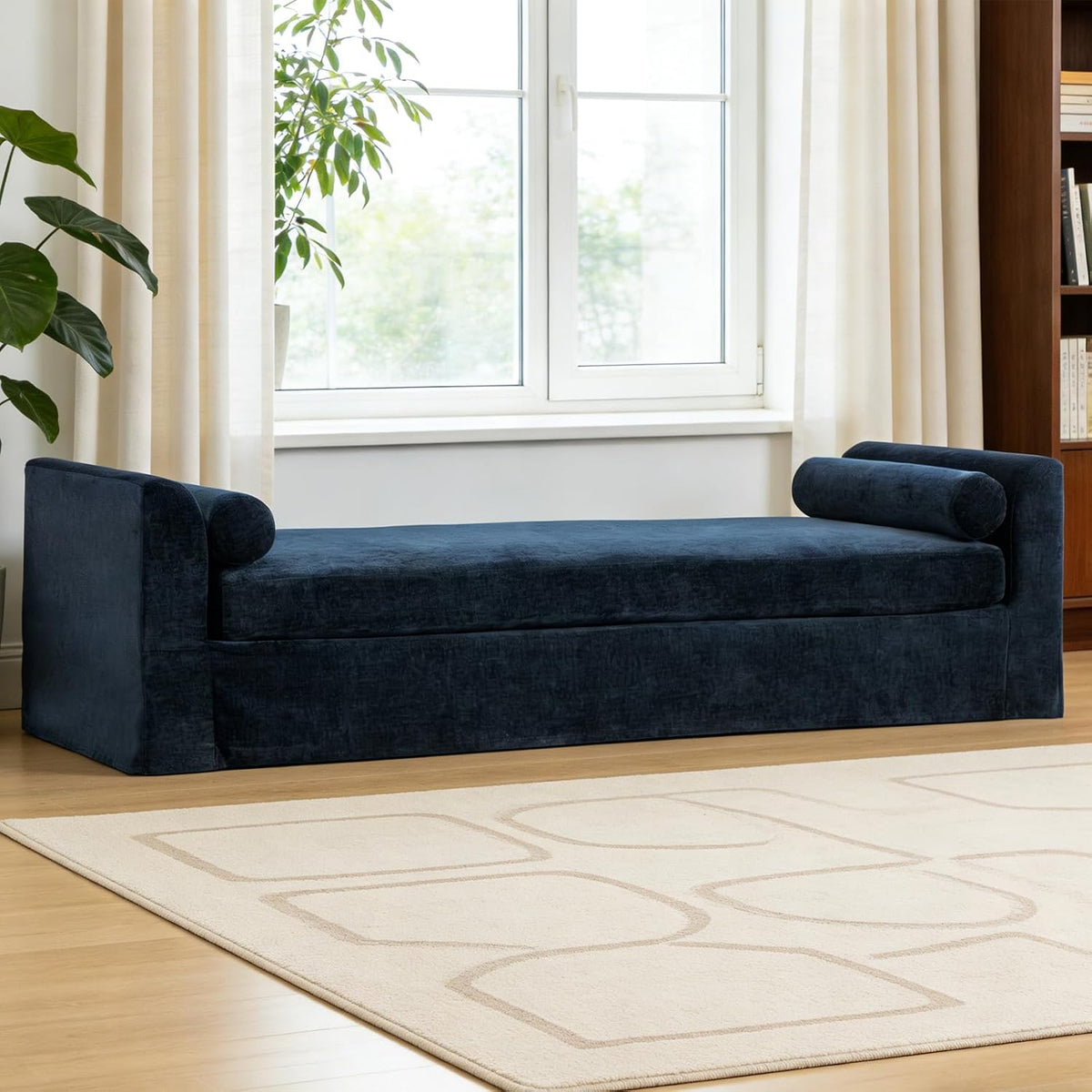 Chifee & Vingol 90.55" W Oversized Chaise Lounge Upholstered Bedroom Benches Extra-Long Indoor Bench Entryway Bench with Removable Pillows for Living Room Hallway,Navy