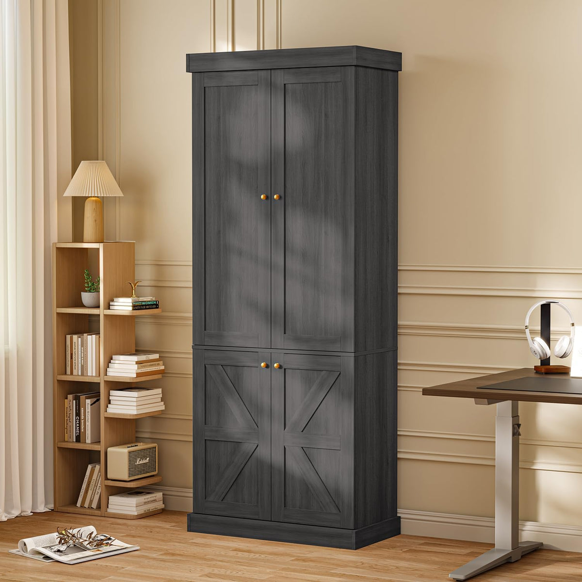 Vyre 70.8" Tall Kitchen Pantry Cabinet with Doors, Farmhouse Modular Storage Cabinet with 4-Tier Adjustable Shelves, Large Storage Cabinet for Kitchen or Living Room, Set of 2, Black