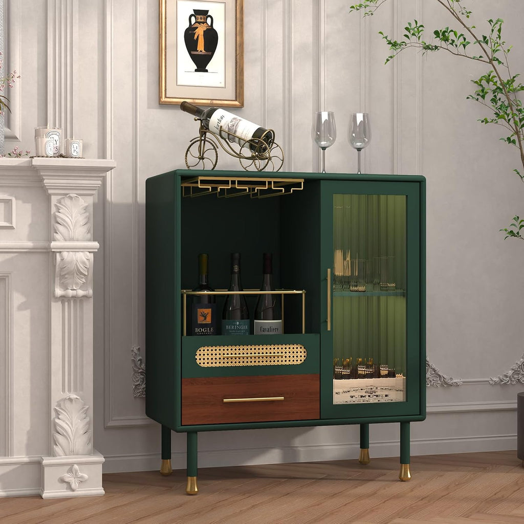 ARTPOWER Modern Coffee Bar Cabinet with Pull-Out Wine Storage, Green | Bar Cart with Wine Glass Rack and Drawers, Liquor Cabinet for Kitchen, Dining Room, Living Room