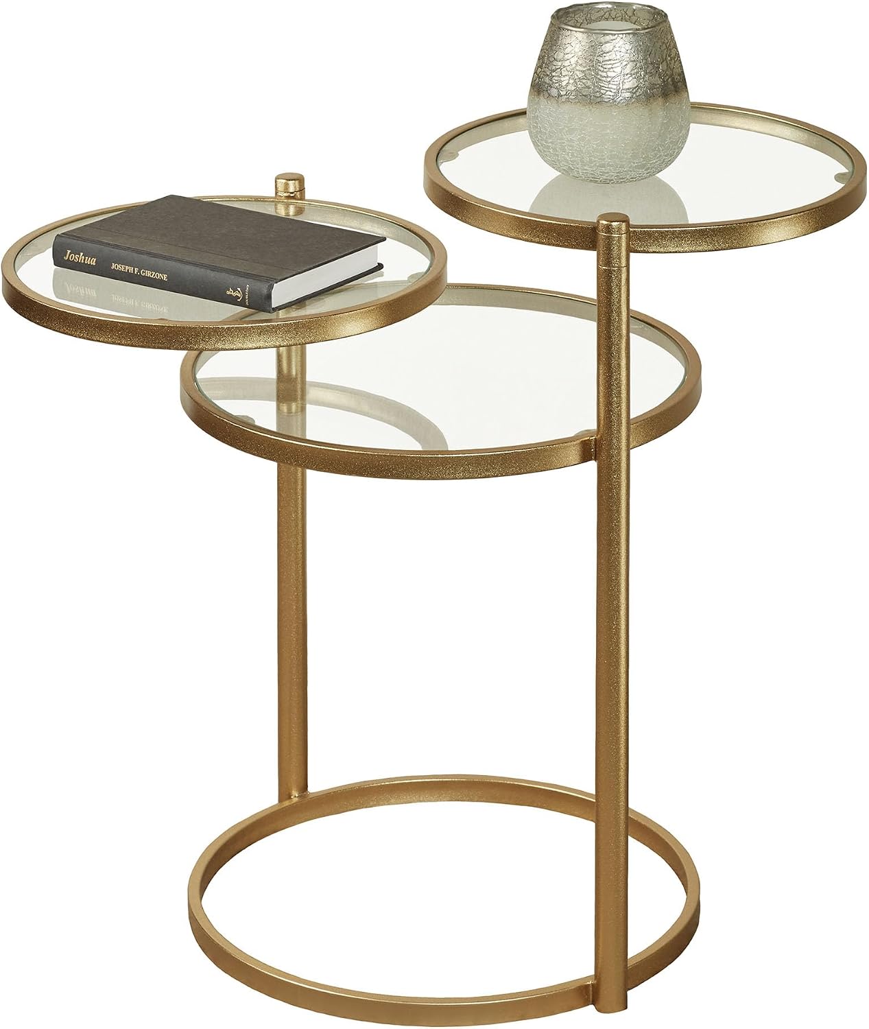 Quincy Adjustable Accent Table | Round, Rotating Clear Glass Tabletops | Three Tiered, Nesting Table Look | Gold Finished Metal Furniture | Perfect for Small Spaces and Unique Modern Decorating Tastes