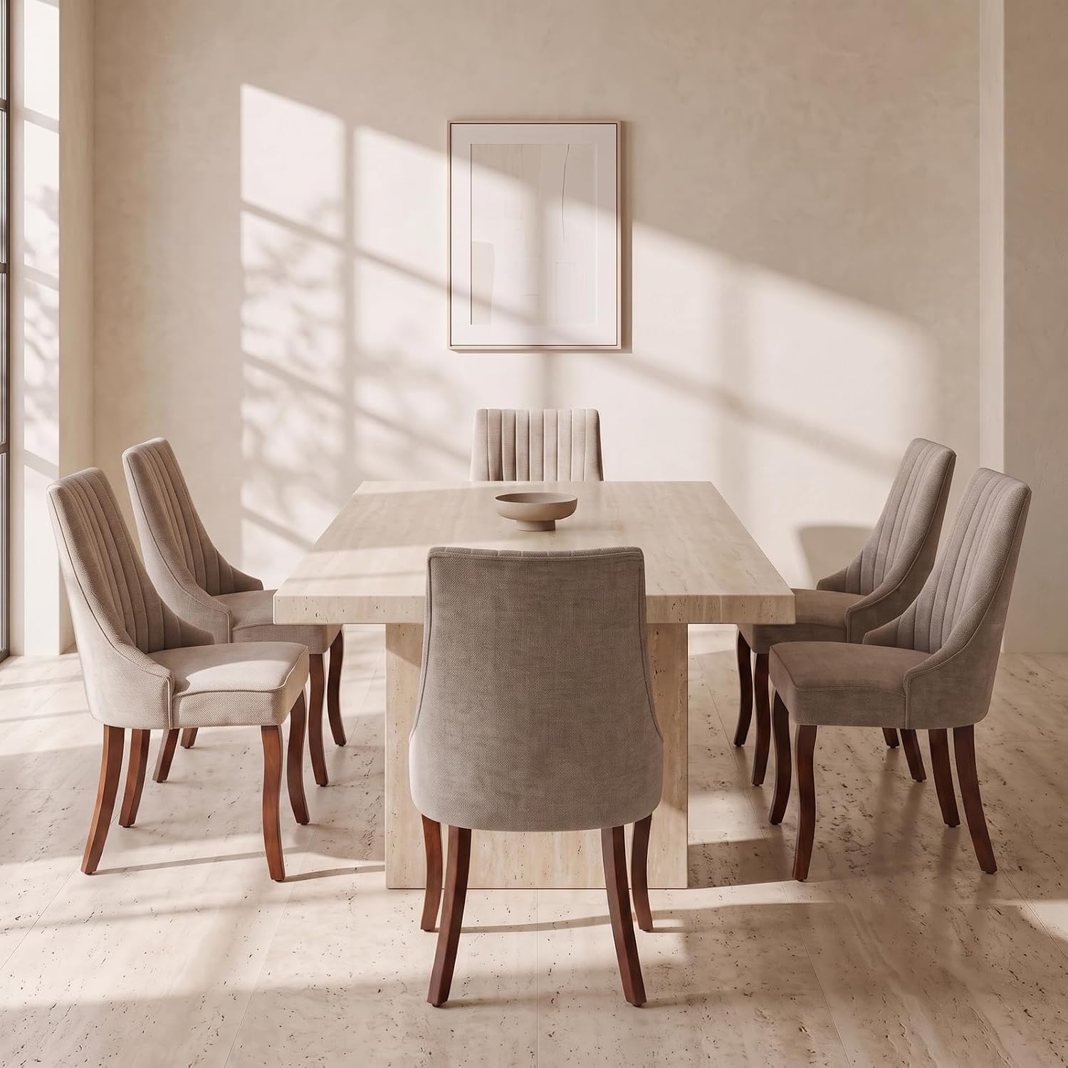 Fabric Dining Chairs Set of 6, High Back Upholstered Kitchen & Dining Room Chairs with Solid Wood Legs, Mid Century Modern, Sillas de Comedor (Beige, 6 Pcs)