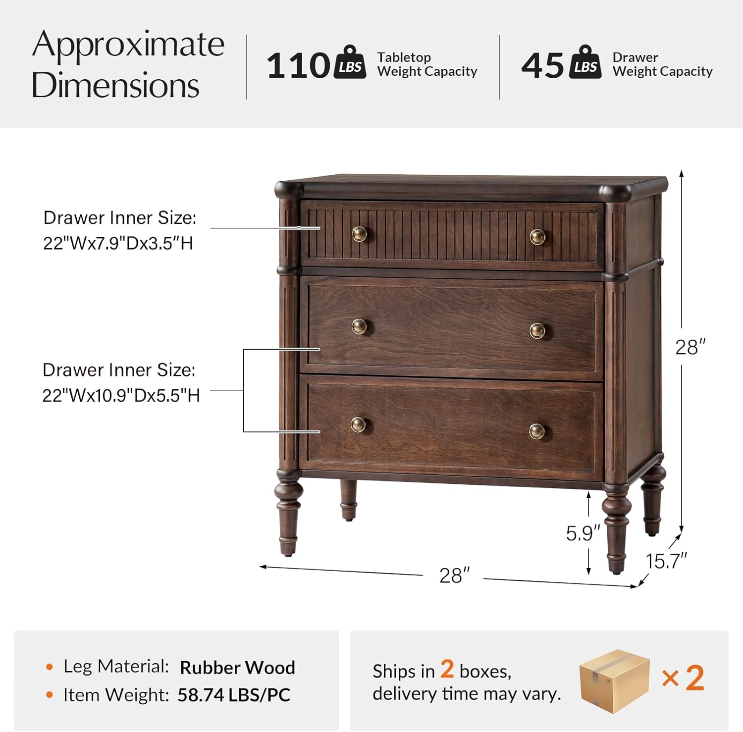 HULALA HOME Traditional End Table with Charging Station, Fluted End Tables with Wood Drawers and Solid Wood Spindle Legs, 28 Inch Wide Storage Set of 2, Walnut