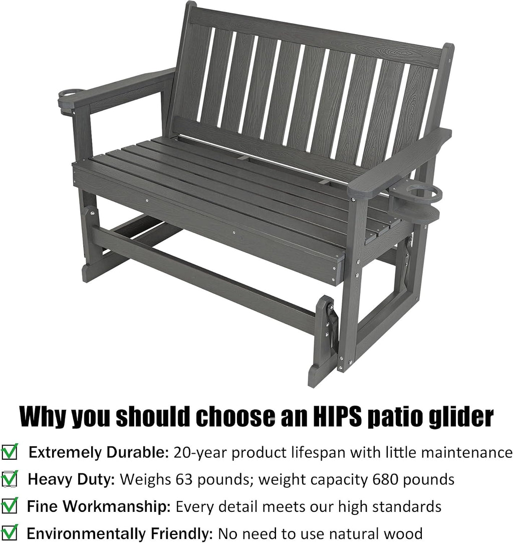Poly Lumber Patio Glider, HIPS Material Weather-Resistant Swing Bench for Outdoor Porch Garden, Gray