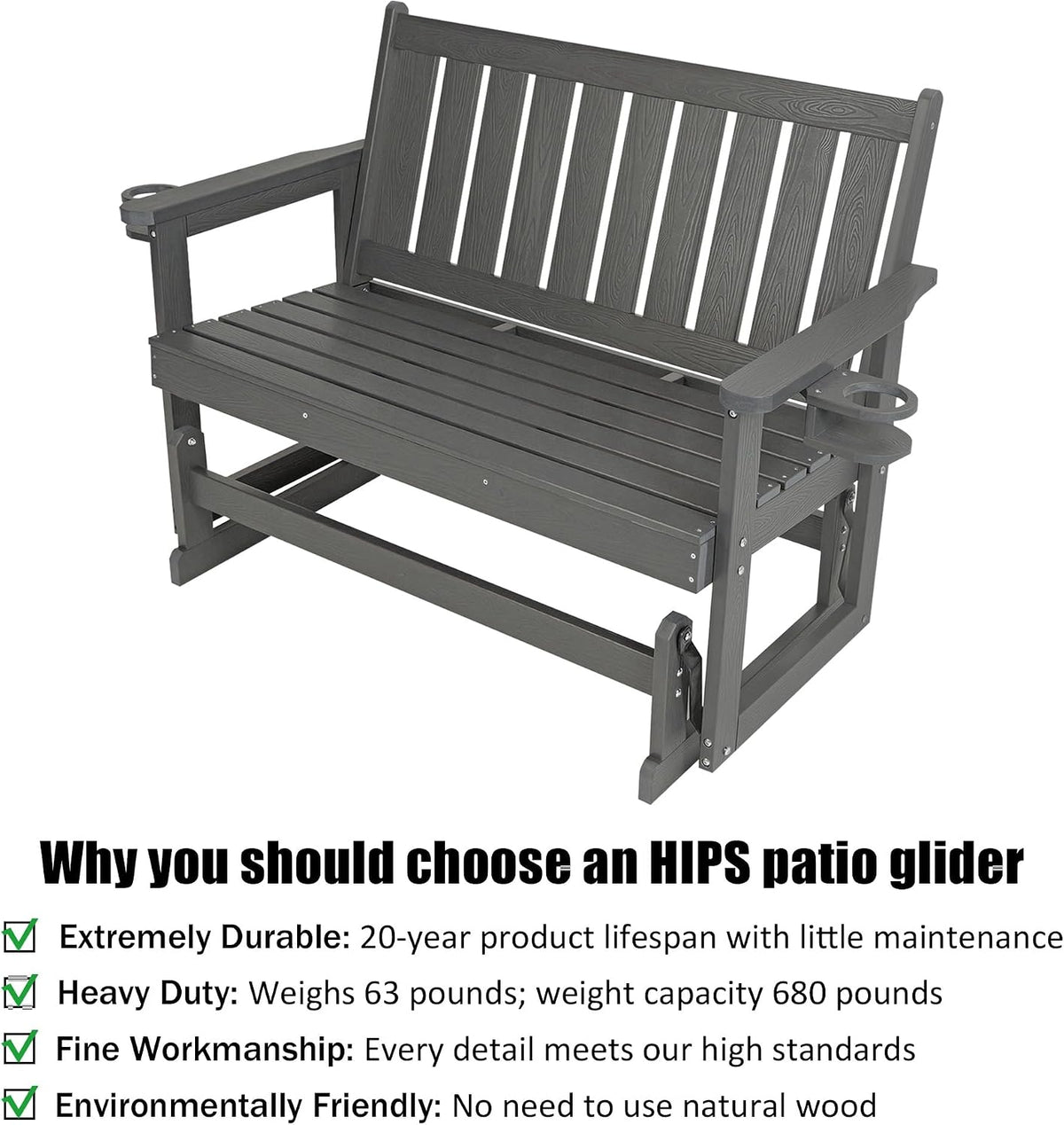 Poly Lumber Patio Glider, HIPS Material Weather-Resistant Swing Bench for Outdoor Porch Garden, Gray