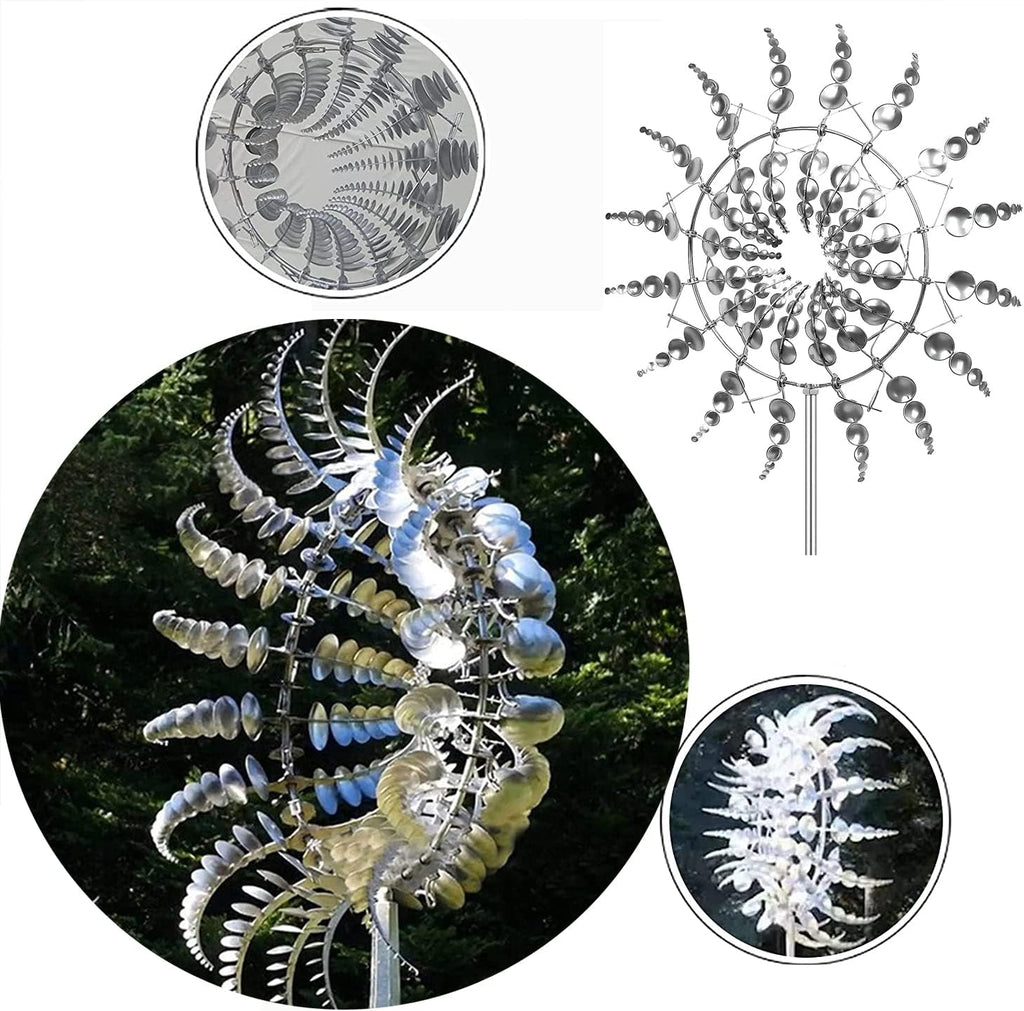 Magical Metal Windmill, Stainless Steel Windmill,Kinetic Metal Wind Spinners Garden Stake, 3D Wind Sculptures Move with The Wind Lawn Solar Wind Catcher Outdoor Patio Garden Decoration (SILVER-1PCS)