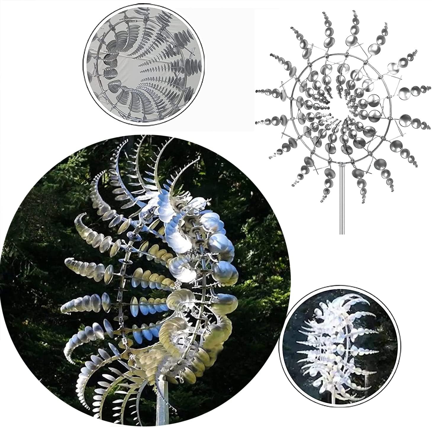 Magical Metal Windmill, Stainless Steel Windmill,Kinetic Metal Wind Spinners Garden Stake, 3D Wind Sculptures Move with The Wind Lawn Solar Wind Catcher Outdoor Patio Garden Decoration (SILVER-1PCS)